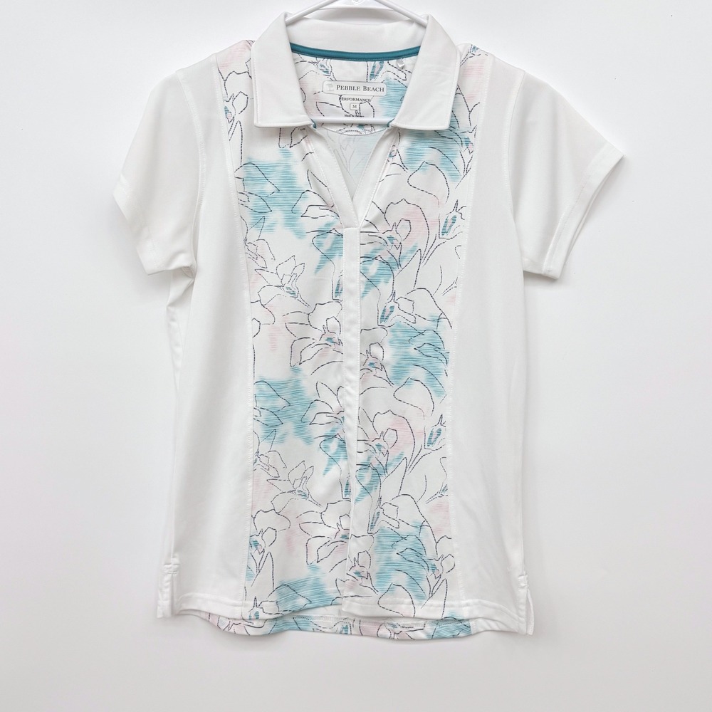 Pebble Beach Performance Floral Print Golf Polo Shirt Womens Medium White